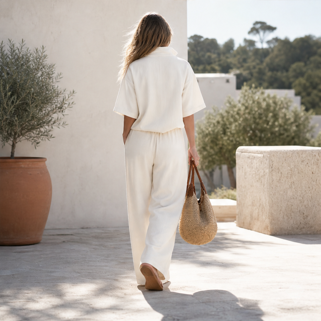 Completo Due Pezzi Color Crema con Top a Collo con Cerniera e Pantaloni | Set Casual da Donna con Pantaloni a Gamba Larga e Coulisse