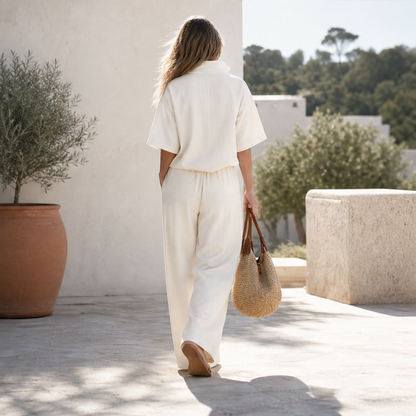 Completo Due Pezzi Color Crema con Top a Collo con Cerniera e Pantaloni | Set Casual da Donna con Pantaloni a Gamba Larga e Coulisse