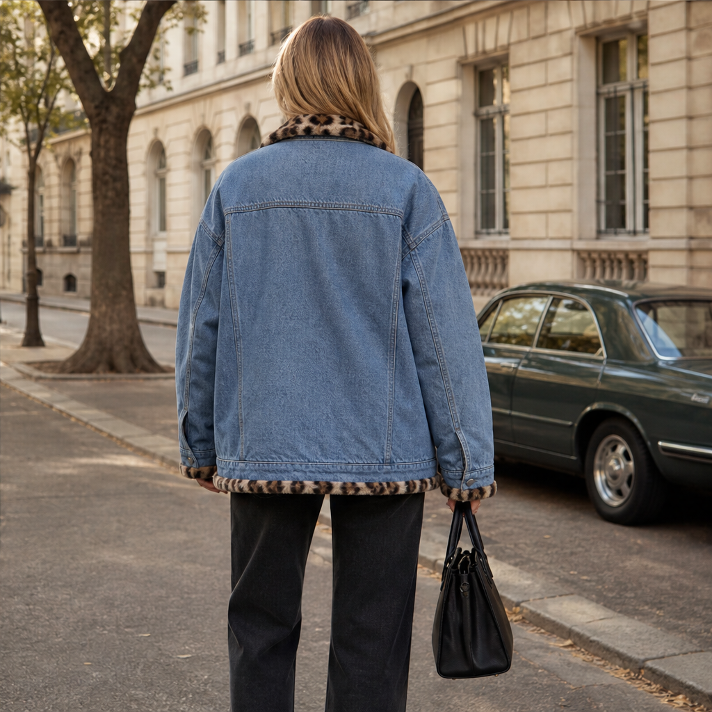 Velmora – Giacca di Jeans Reversibile con Interno Leopardo lifestyle