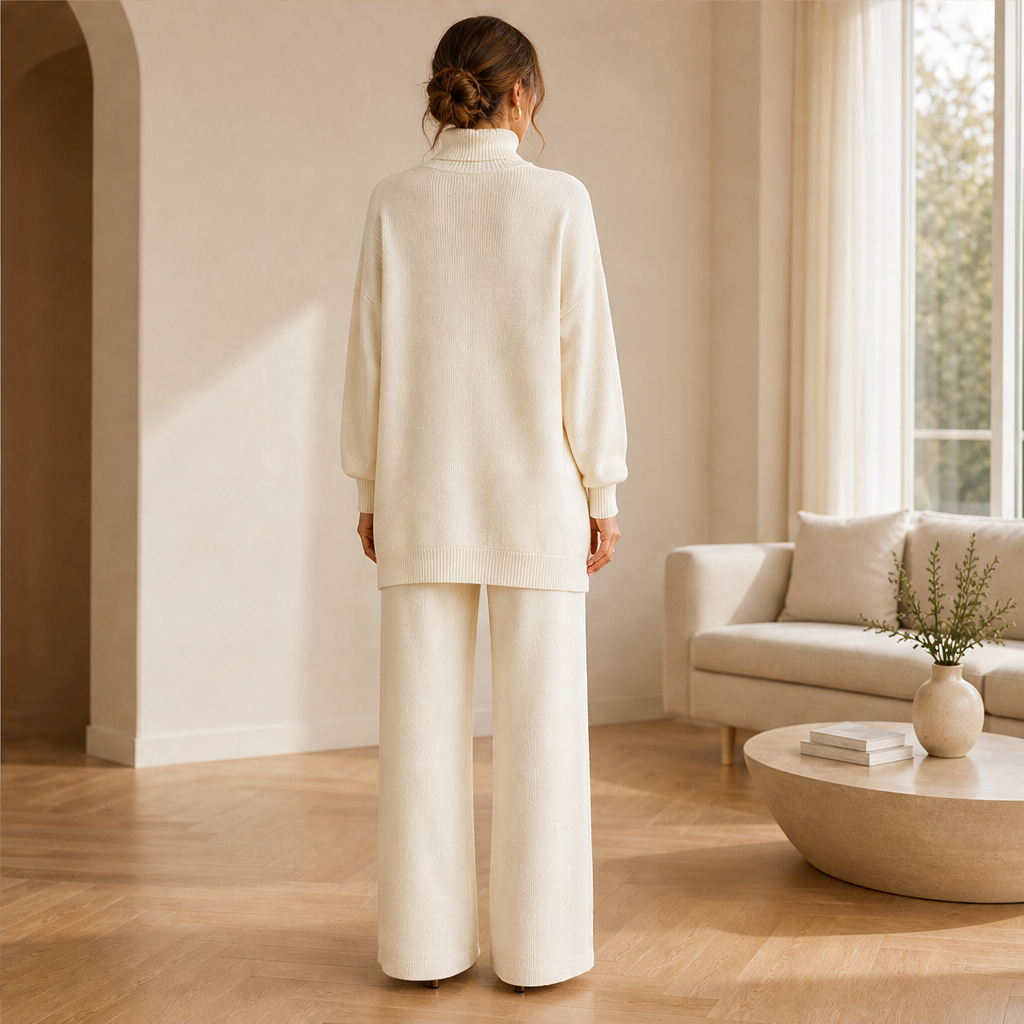 Vellucci – Completo Dolcevita con Bottoni e Pantaloni Palazzo lifestyle