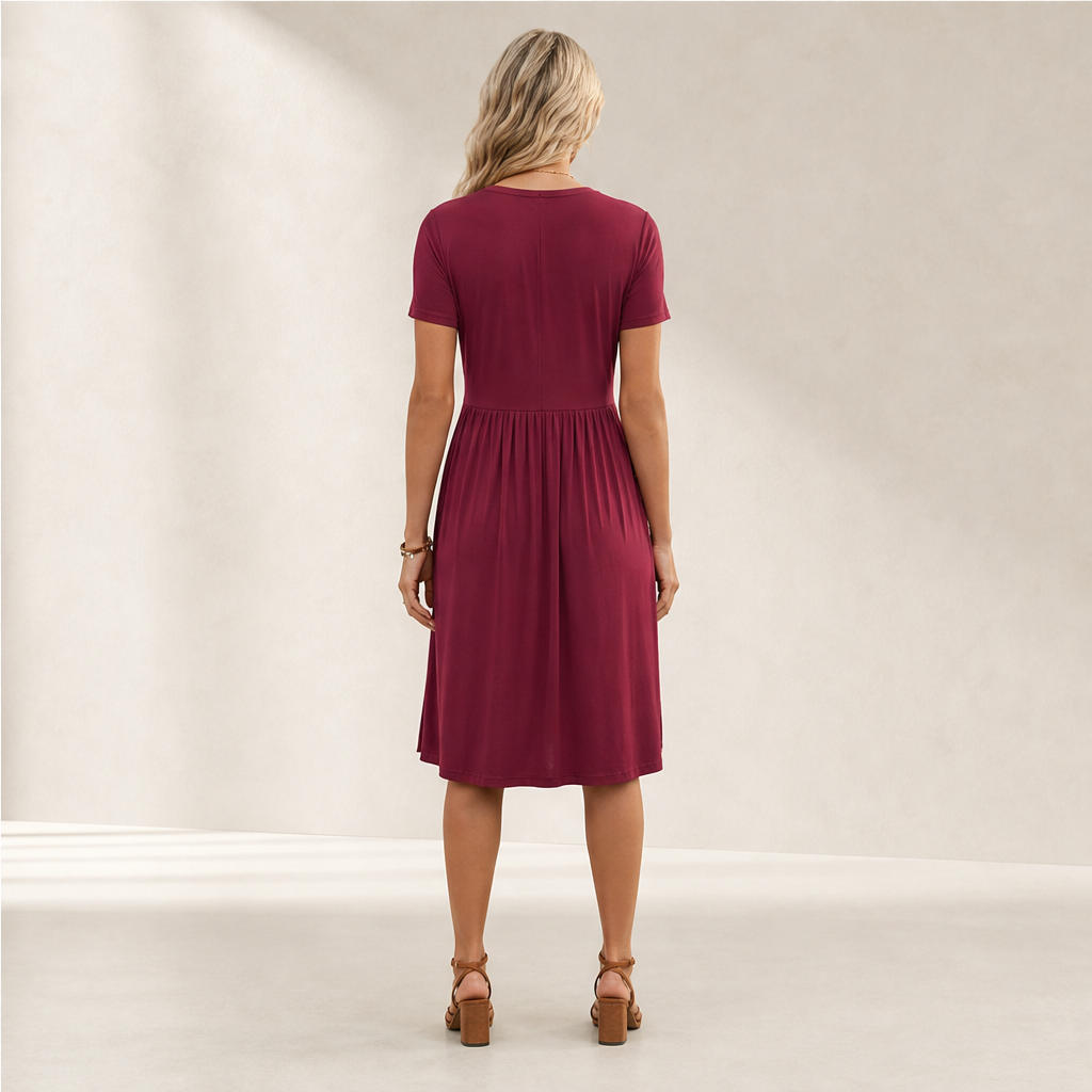 Verona Abito Donna Incrociato con Scollo a V Plissettato Linea ad A con Tasche - Abito Midi a Maniche Corte lifestyle