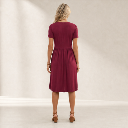 Verona Abito Donna Incrociato con Scollo a V Plissettato Linea ad A con Tasche - Abito Midi a Maniche Corte lifestyle