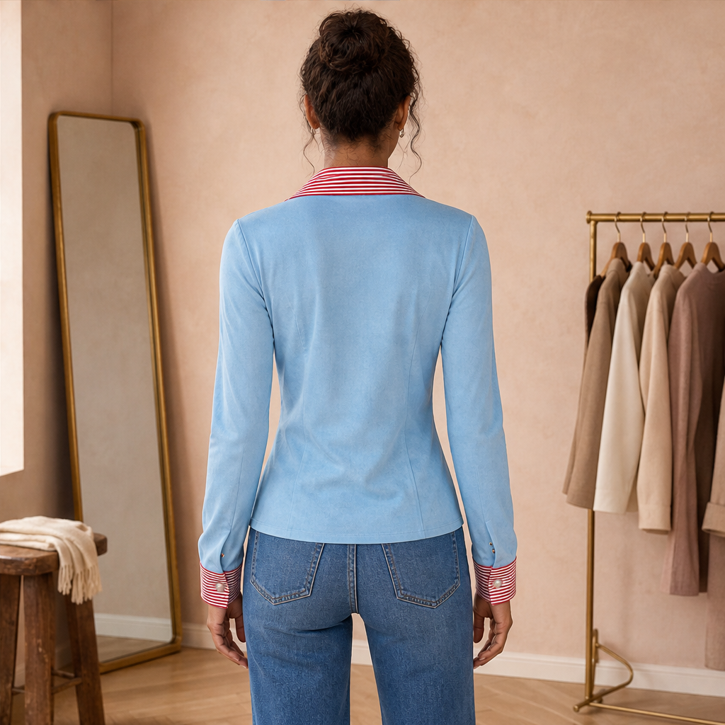 Velmira – Camicia Scamosciata Collo a V Bottoni Perla lifestyle