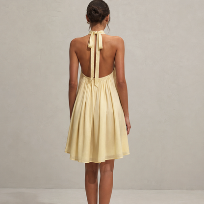 Marigold Miniabito Donna Senza Maniche con Scollo a V Profondo e Bordo in Pizzo - Abito Estivo Fluido con Collo all'Americana lifestyle