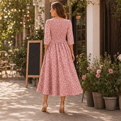 Abito Midi Floreale | Vestito Elegante Estivo da Donna - Vita Arricciata Maniche a 3/4 lifestyle