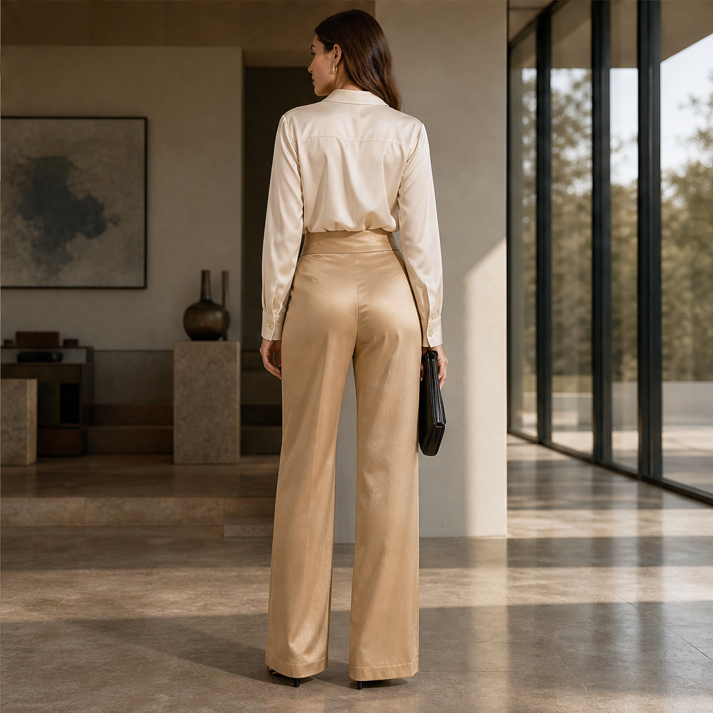 Velonia – Pantaloni in Raso Vita Asimmetrica Gamba Larga lifestyle