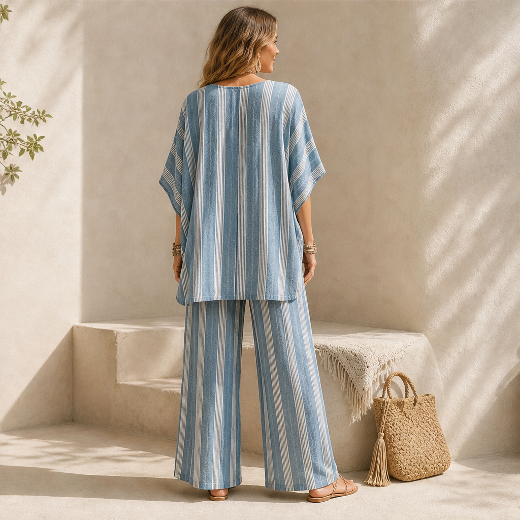 Solvetta – Completo a Righe Scollo a V e Pantaloni Larghi lifestyle