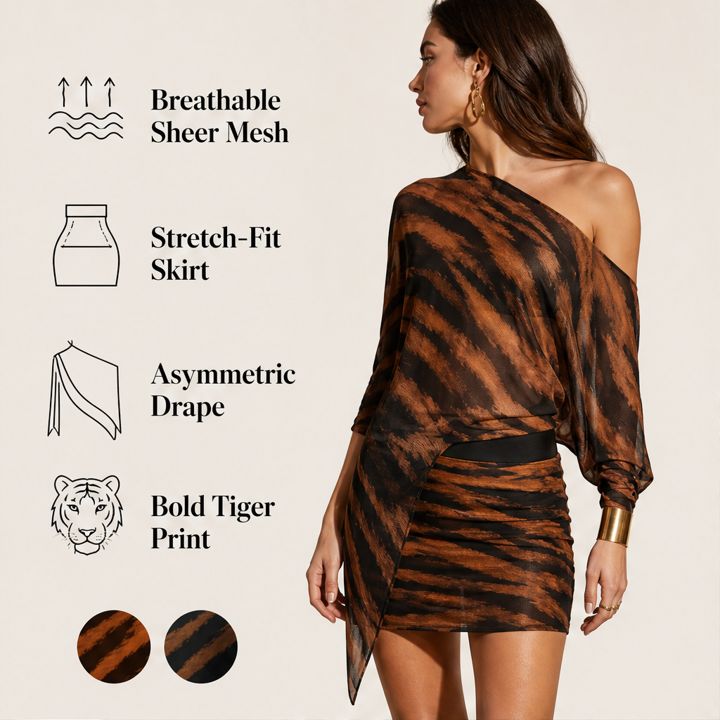 Completo Due Pezzi Marrone con Stampa Tigrata | Top Monospalla con Scialle e Gonna – Elegante in Rete Trasparente