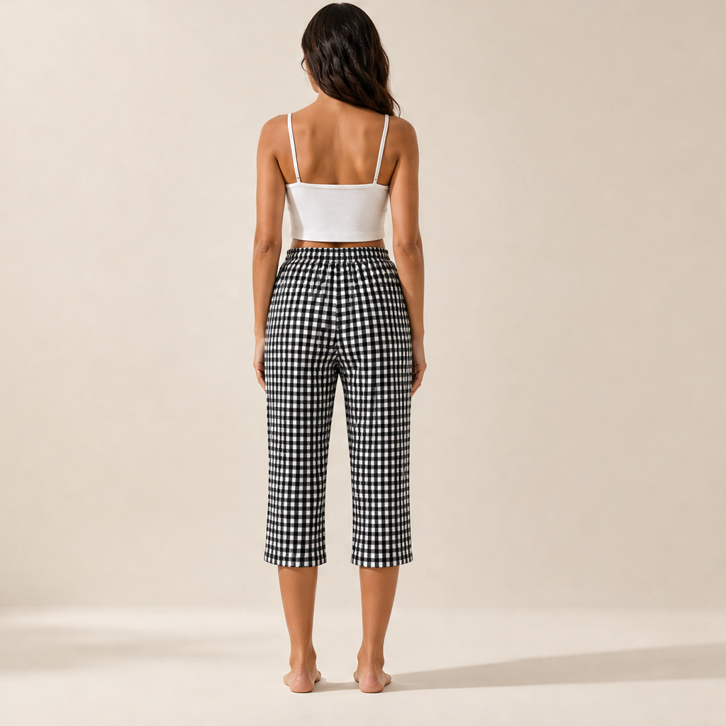 Gingley Pantaloni Capri Donna in Cotone e Lino a Quadretti Vichy con Tasche - Pantaloni Estivi con Vita Elastica e Coulisse lifestyle