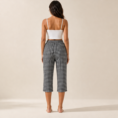 Gingley Pantaloni Capri Donna in Cotone e Lino a Quadretti Vichy con Tasche - Pantaloni Estivi con Vita Elastica e Coulisse lifestyle
