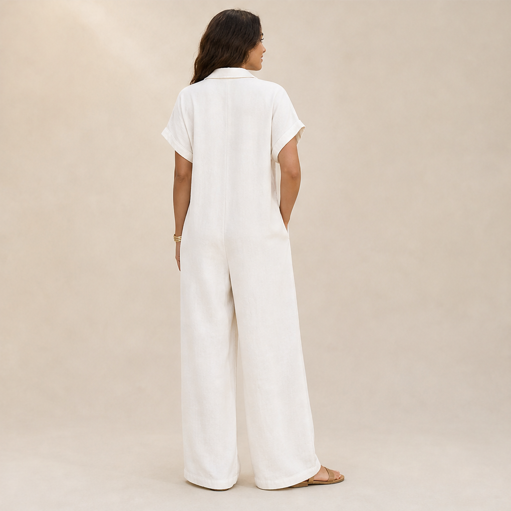 Marielle Tuta Donna Casual a Gamba Larga con Bottoni Effetto Lino - Tuta Ampia con Colletto e Maniche Corte lifestyle