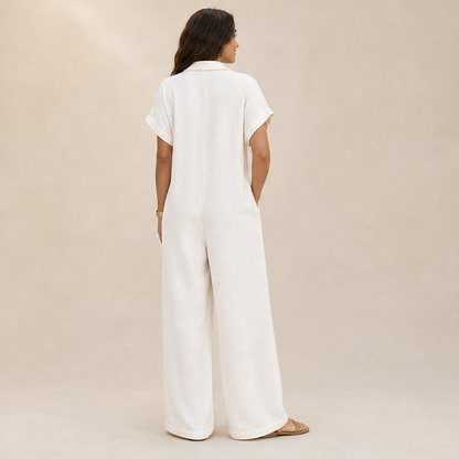 Marielle Tuta Donna Casual a Gamba Larga con Bottoni Effetto Lino - Tuta Ampia con Colletto e Maniche Corte lifestyle