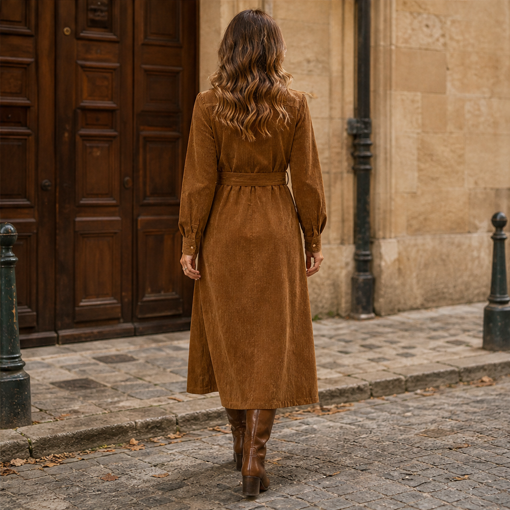 Corvelle – Abito Camicia Midi in Velluto a Coste con Cintura lifestyle