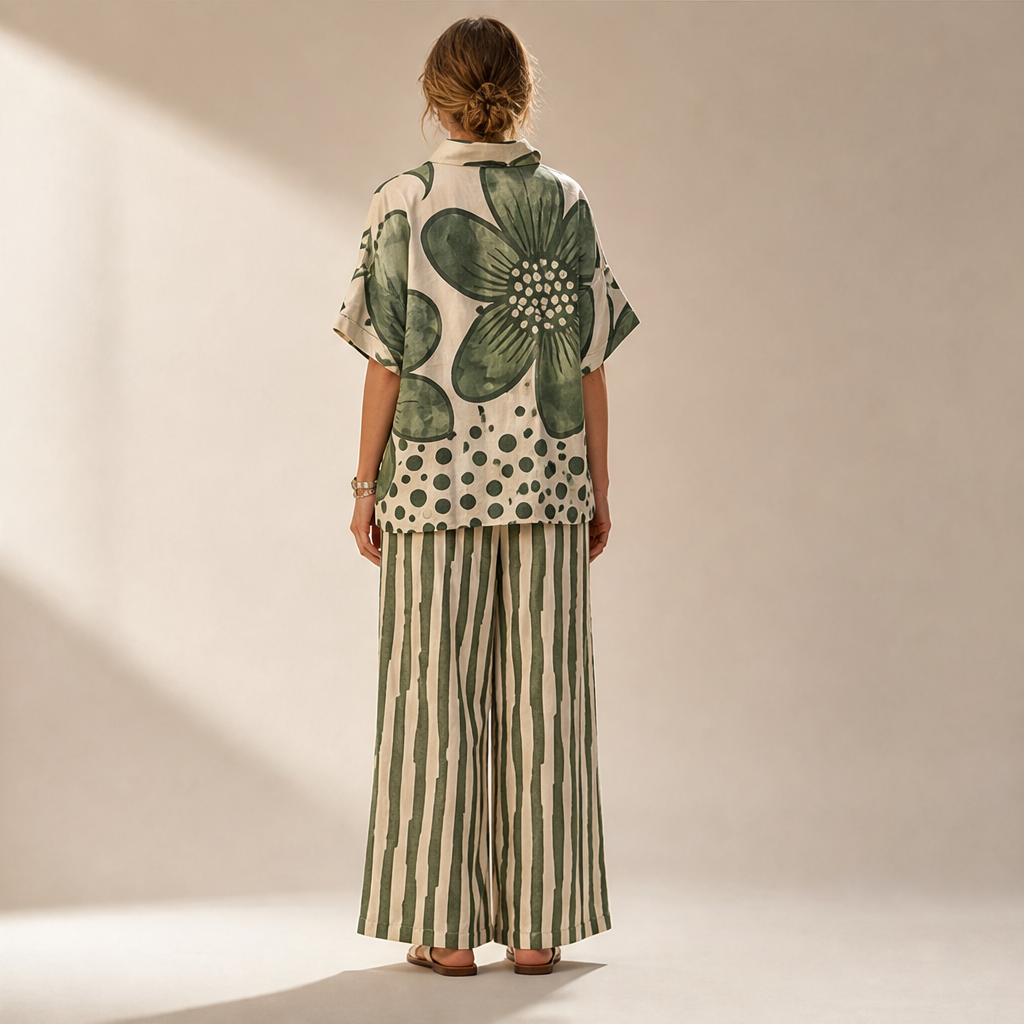 Completo Due Pezzi con Stampa Floreale Verde | Top a Maniche Corte e Pantaloni a Gamba Larga da Donna – Vestibilità Morbida
