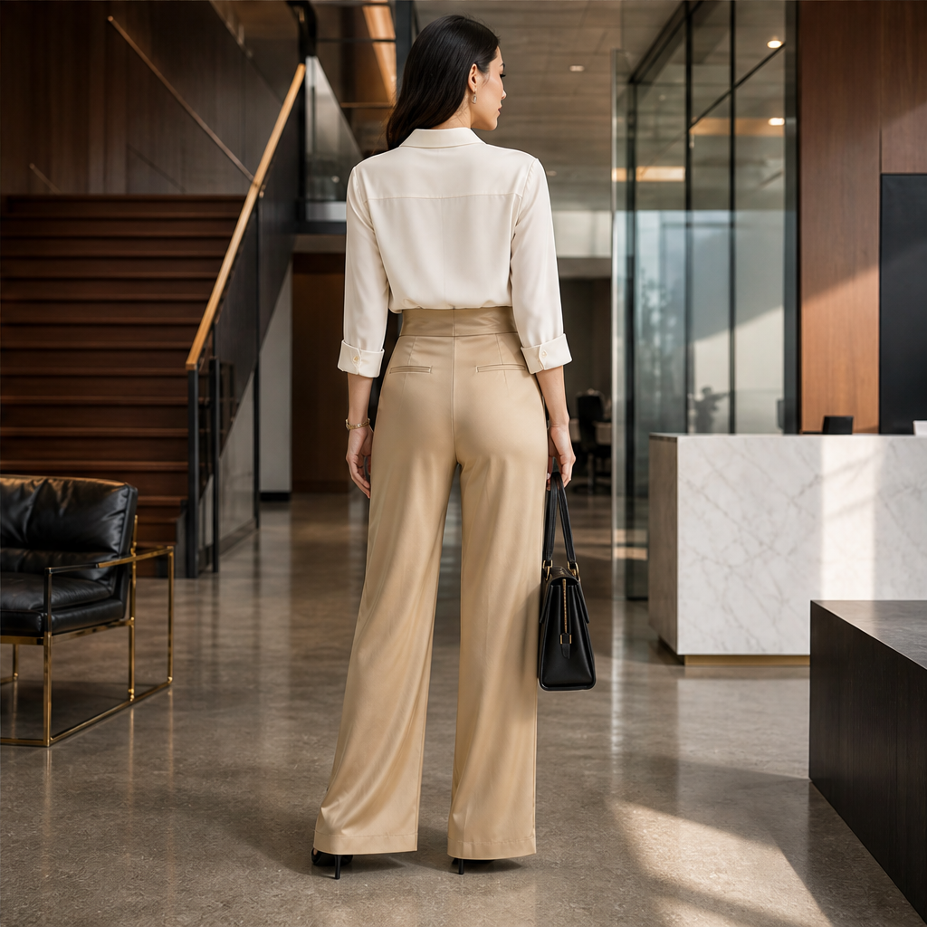 Varonia – Pantaloni Larghi in Raso Vita Asimmetrica lifestyle