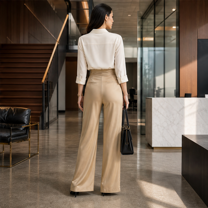 Varonia – Pantaloni Larghi in Raso Vita Asimmetrica lifestyle