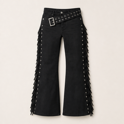 Franzella – Jeans Svasati a Frange Vita Alta Black