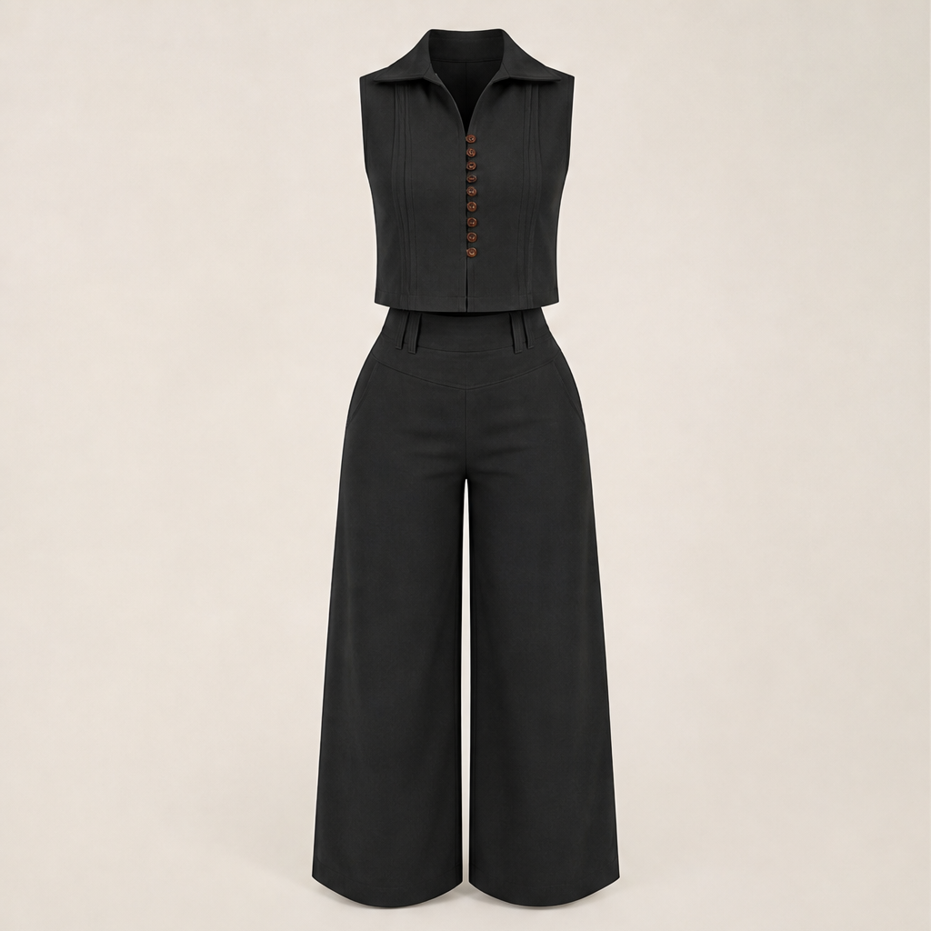 Velinora – Completo Smanicato con Pantaloni Ampi Black