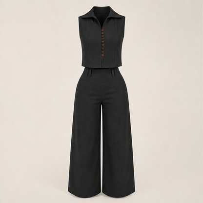 Velinora – Completo Smanicato con Pantaloni Ampi Black