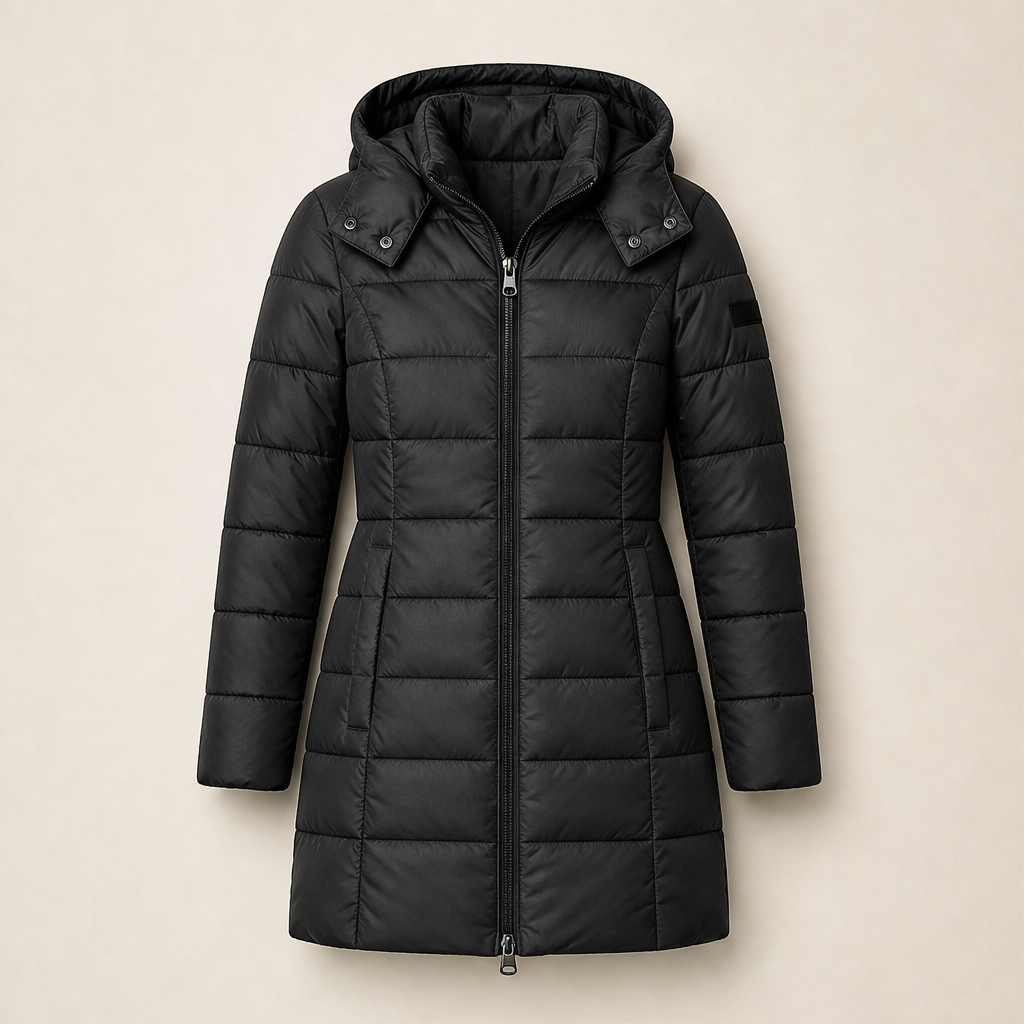 Novarine – Piumino Trapuntato Midi con Cappuccio Black