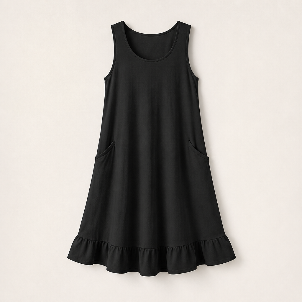Marielle Abito Midi Donna Senza Maniche con Orlo a Volant e Doppie Tasche Frontali - Abito Estivo Casual in Misto Cotone Nero