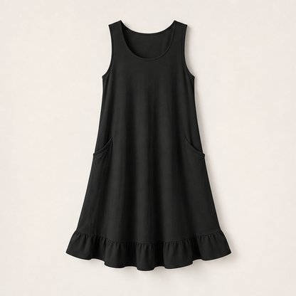 Marielle Abito Midi Donna Senza Maniche con Orlo a Volant e Doppie Tasche Frontali - Abito Estivo Casual in Misto Cotone Nero