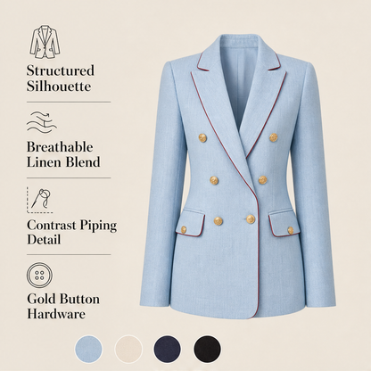 Blazer Azzurro Cielo Doppiopetto | Giacca in Misto Lino Vintage - Donna con Bottoni Dorati features