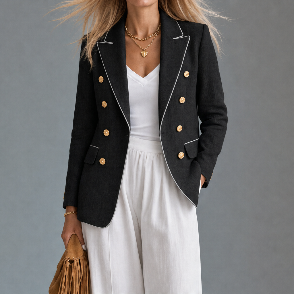 Blazer Azzurro Cielo in Misto Lino | Doppiopetto Vintage - Elegante Donna con Bottoni Dorati Black