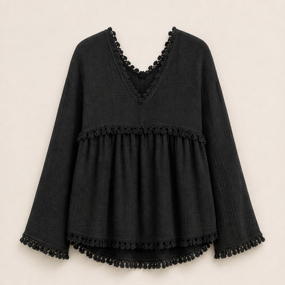 Taverosa – Blusa Babydoll con Frange e Scollo a V Black