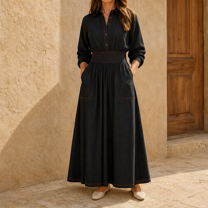 Velmara – Abito Lungo in Similpelle Scamosciata con Tasche Black
