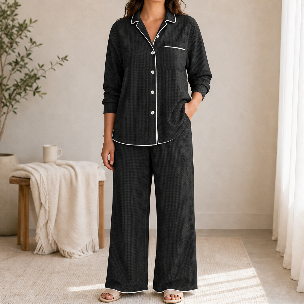 Novarelle – Pigiama in Flanella con Collo a Rever Black