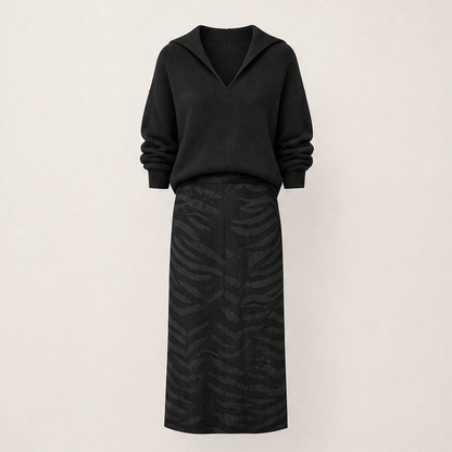 Savenza – Maglia con Colletto e Gonna Midi Zebrata, Set Due Pezzi Black