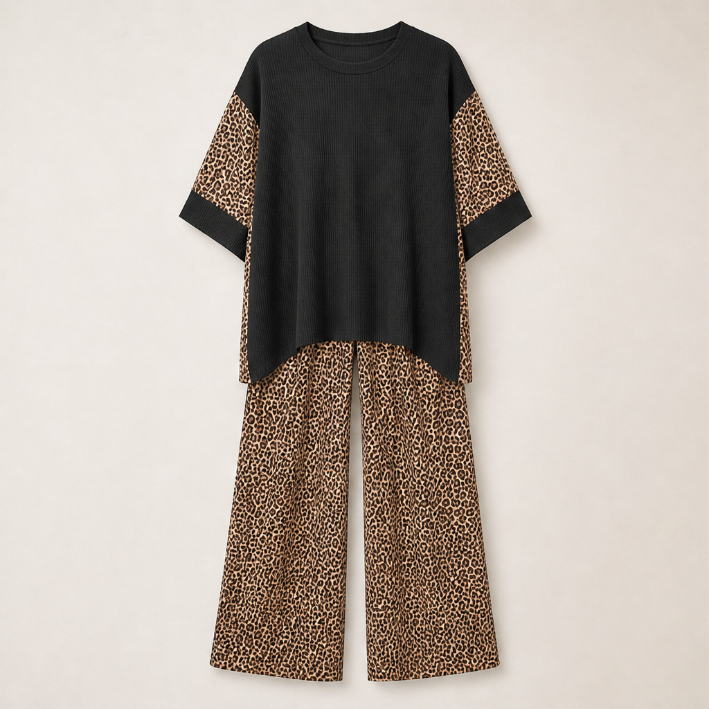 Velmara – Completo Tunica Oversize e Pantaloni Leopardati Black