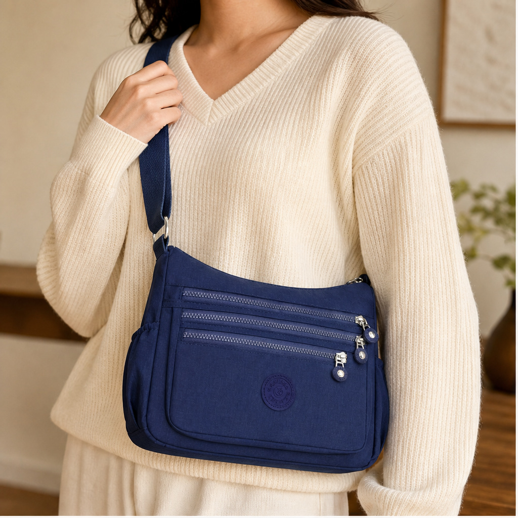 Borsa a Tracolla in Nylon Blu Navy | Borsa da Donna Leggera con Tasche Multiple – Idrorepellente