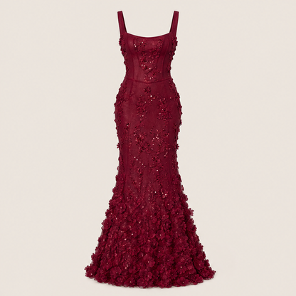 Velmora – Abito Lungo Corset Sirena Applicazioni Wine Red