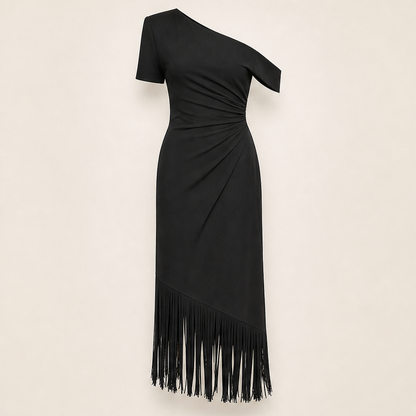 Velmira – Abito Midi Monospalla con Frange Black