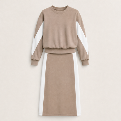 Varonne – Set Felpa e Gonna Midi a Contrasto Beige