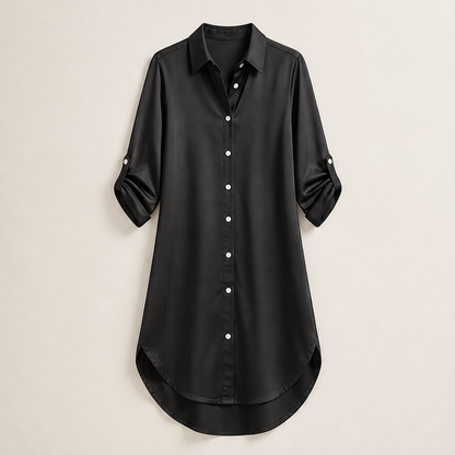 Lucenta – Camicia Lunga in Raso con Orlo Asimmetrico Black