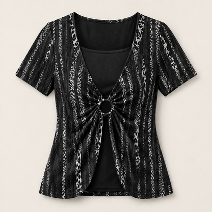 Velmora – T-Shirt Leopardato Effetto Due Pezzi con O-Ring Black
