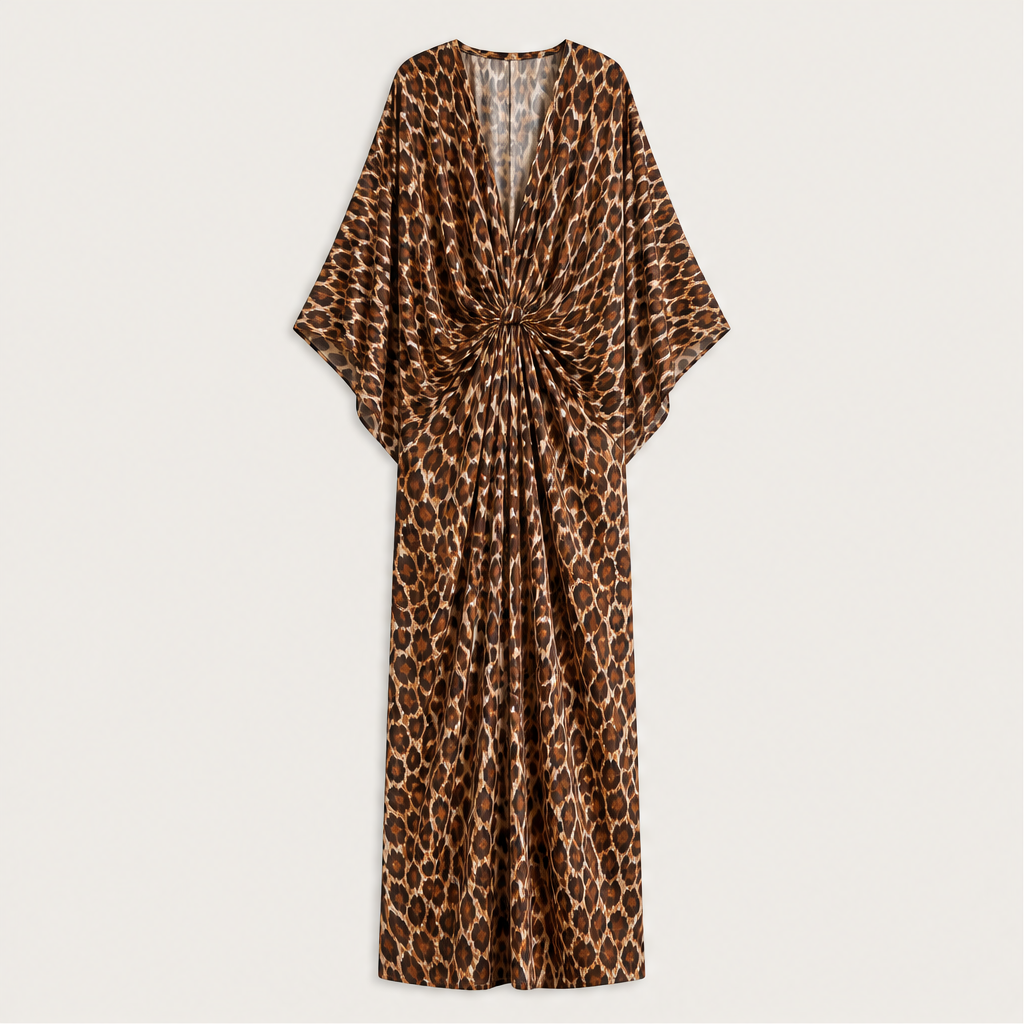 Zeliska – Abito Lungo Leopardato Scollo Incrociato Leopard