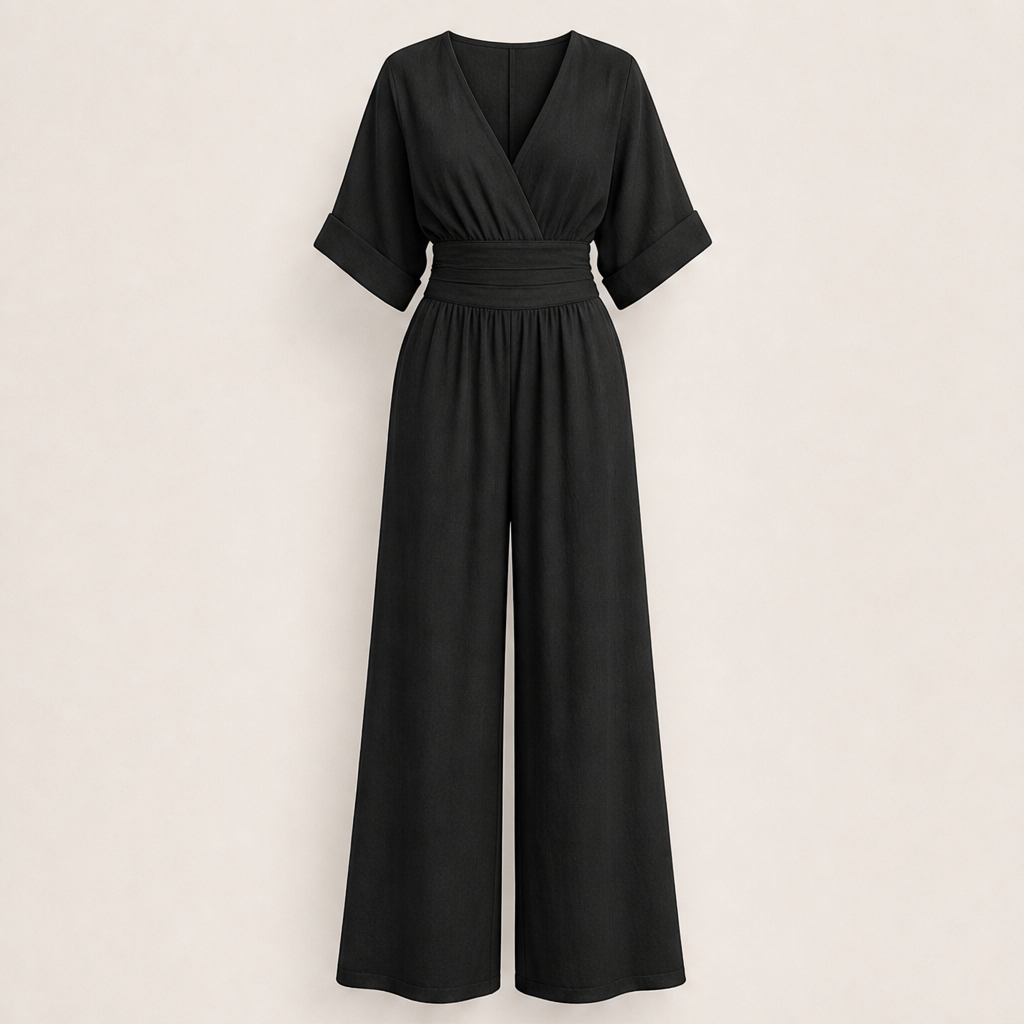 Venalia – Tuta Scollo a V Vita Alta Gamba Larga Black