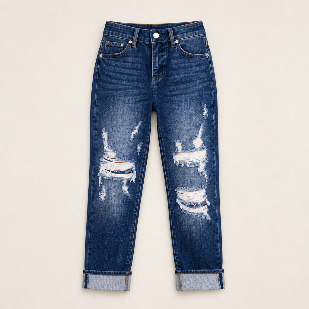 Venalu – Jeans Boyfriend Effetto Strappato con Polsino Dark Blue