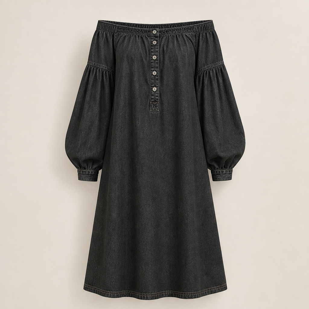 Verana – Abito Denim Spalle Scoperte Maniche a Palloncino Black