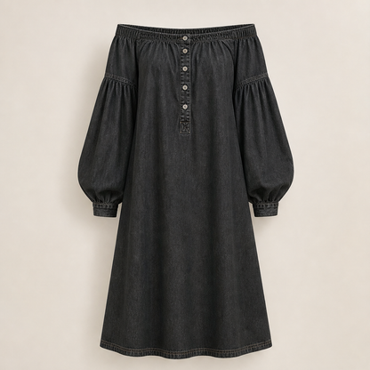 Verana – Abito Denim Spalle Scoperte Maniche a Palloncino Black