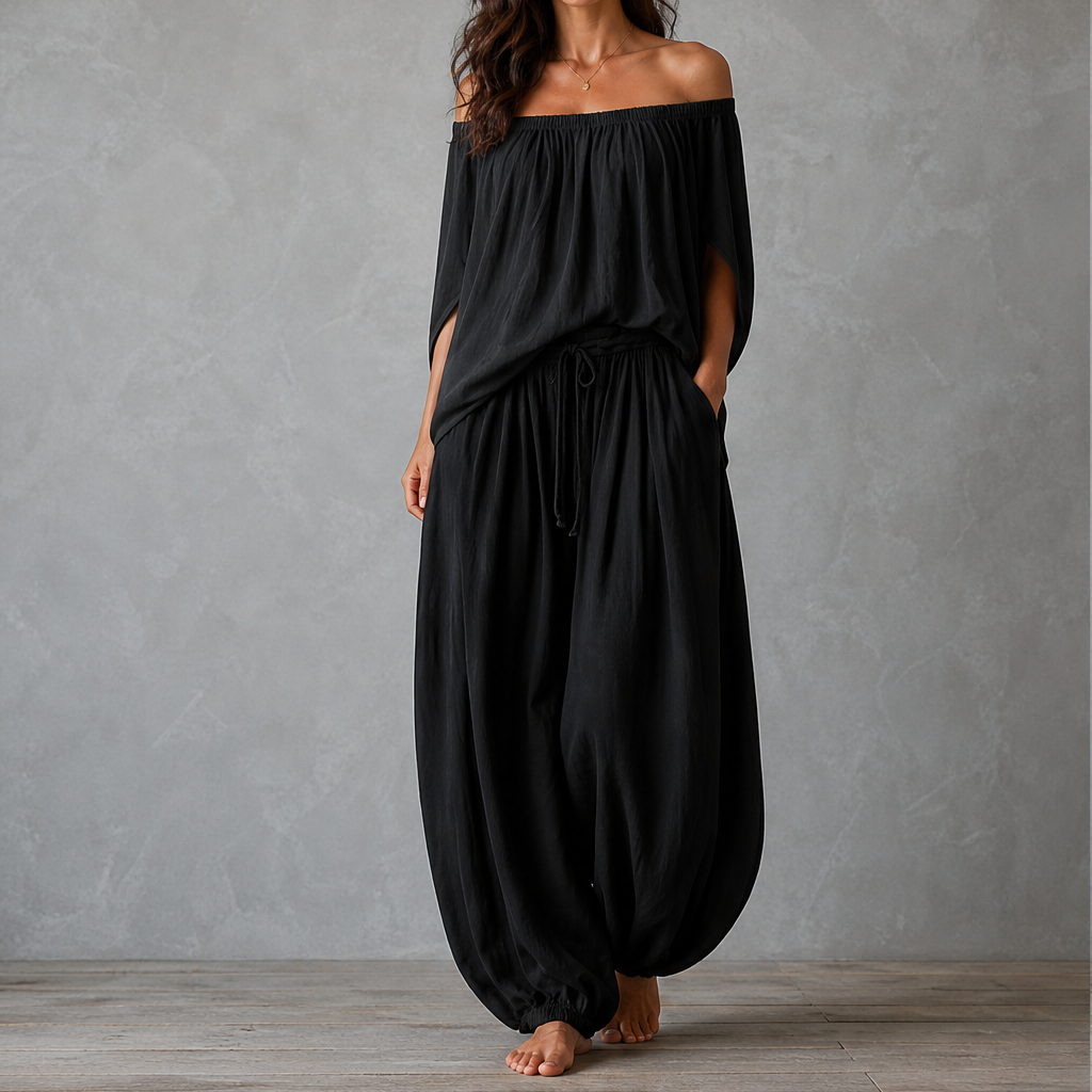 Velmara – Completo Top Spalle Scoperte e Pantaloni Lanterna Black