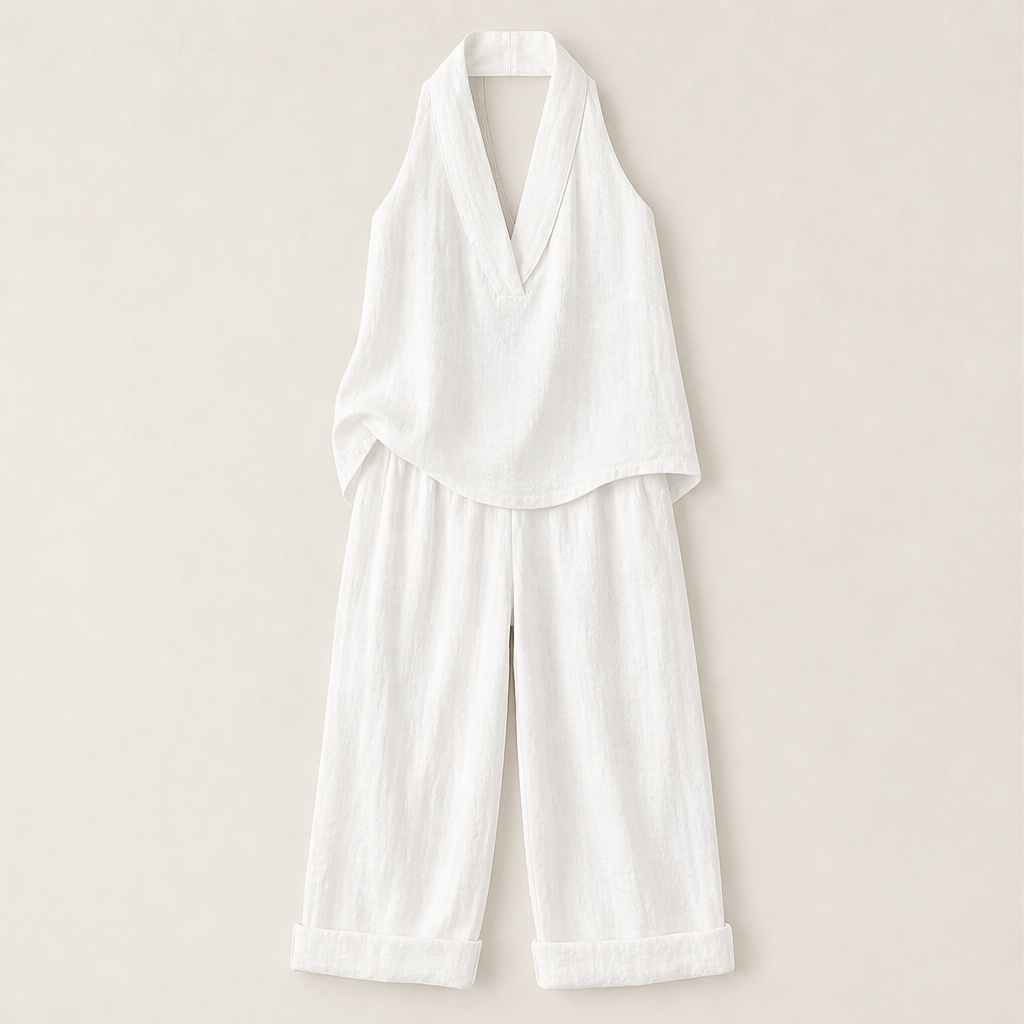Serelia – Completo in Lino Top V e Pantaloni Larghi White