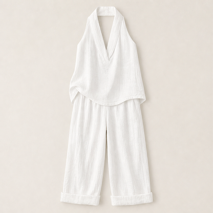 Serelia – Completo in Lino Top V e Pantaloni Larghi White