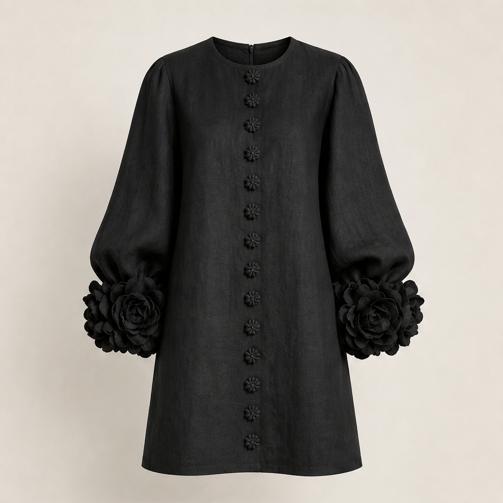Fioralia – Mini Abito in Lino con Polsini Floreali Black