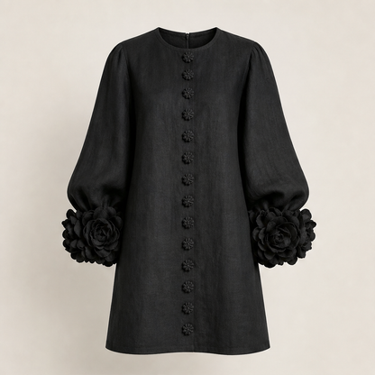 Fioralia – Mini Abito in Lino con Polsini Floreali Black