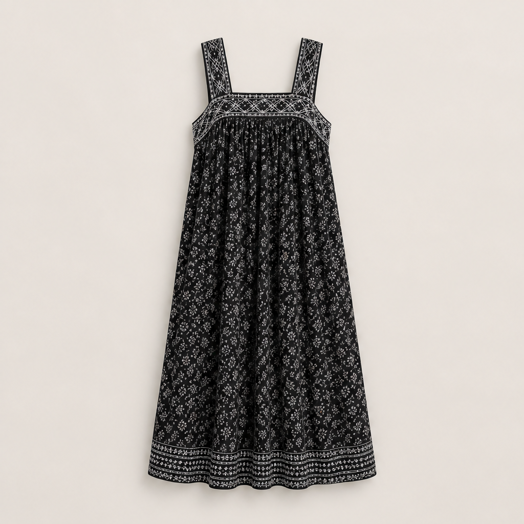 Voralia – Abito Lungo Folk a Fiori in Cotone Black